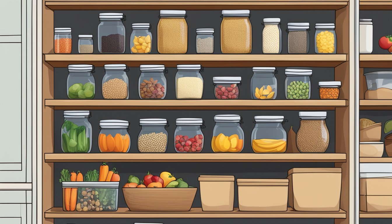 A tidy kitchen with labeled jars of grains, nuts, and seeds. A colorful array of fresh fruits and vegetables neatly arranged in a clean and organized pantry