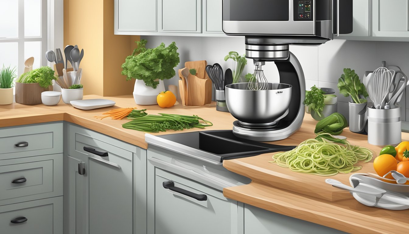 A well-organized kitchen with a spiralizer on the counter, surrounded by neatly arranged cooking utensils and fresh ingredients