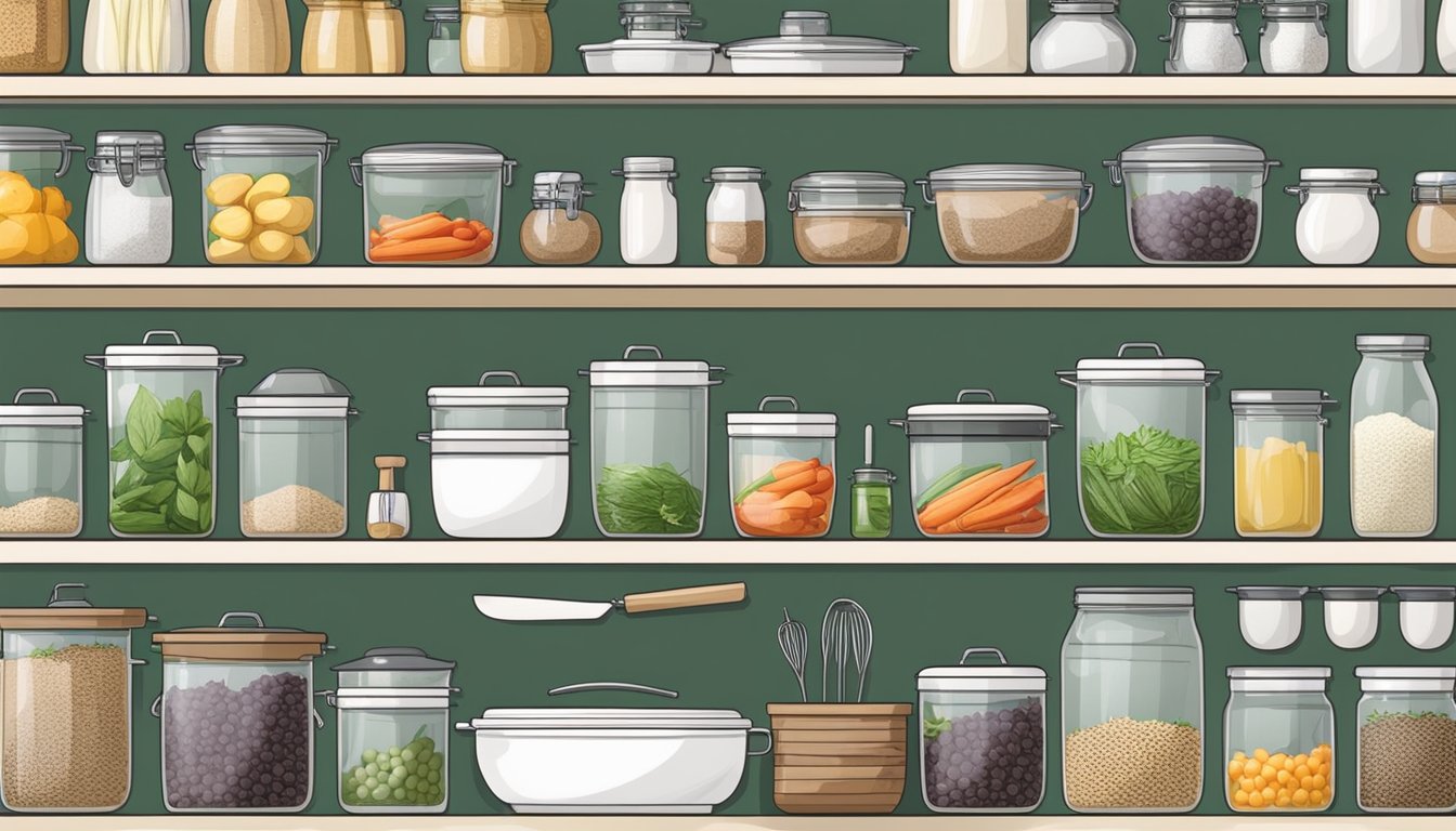 A clean, organized kitchen with labeled containers of fresh produce, grains, and herbs. Clear countertops and neatly arranged cooking utensils