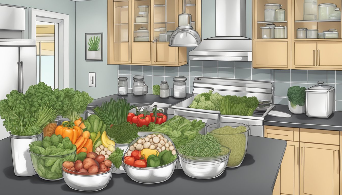 A well-organized kitchen with labeled containers of fresh produce, grains, and herbs. A clear separation between allowed and restricted foods for a candida diet