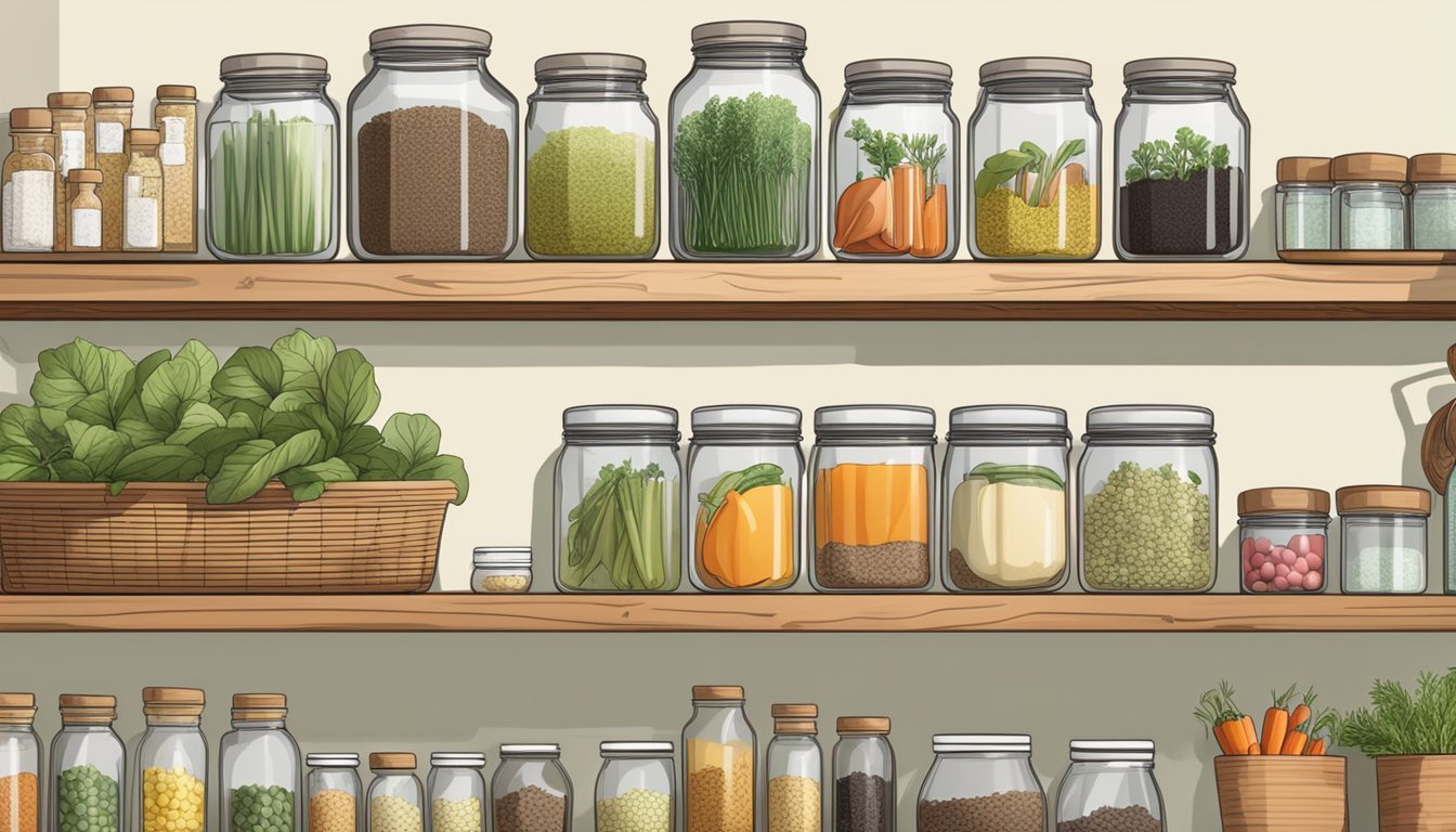 A neat and organized kitchen with labeled jars of supplements and natural remedies, alongside baskets of fresh produce and herbs