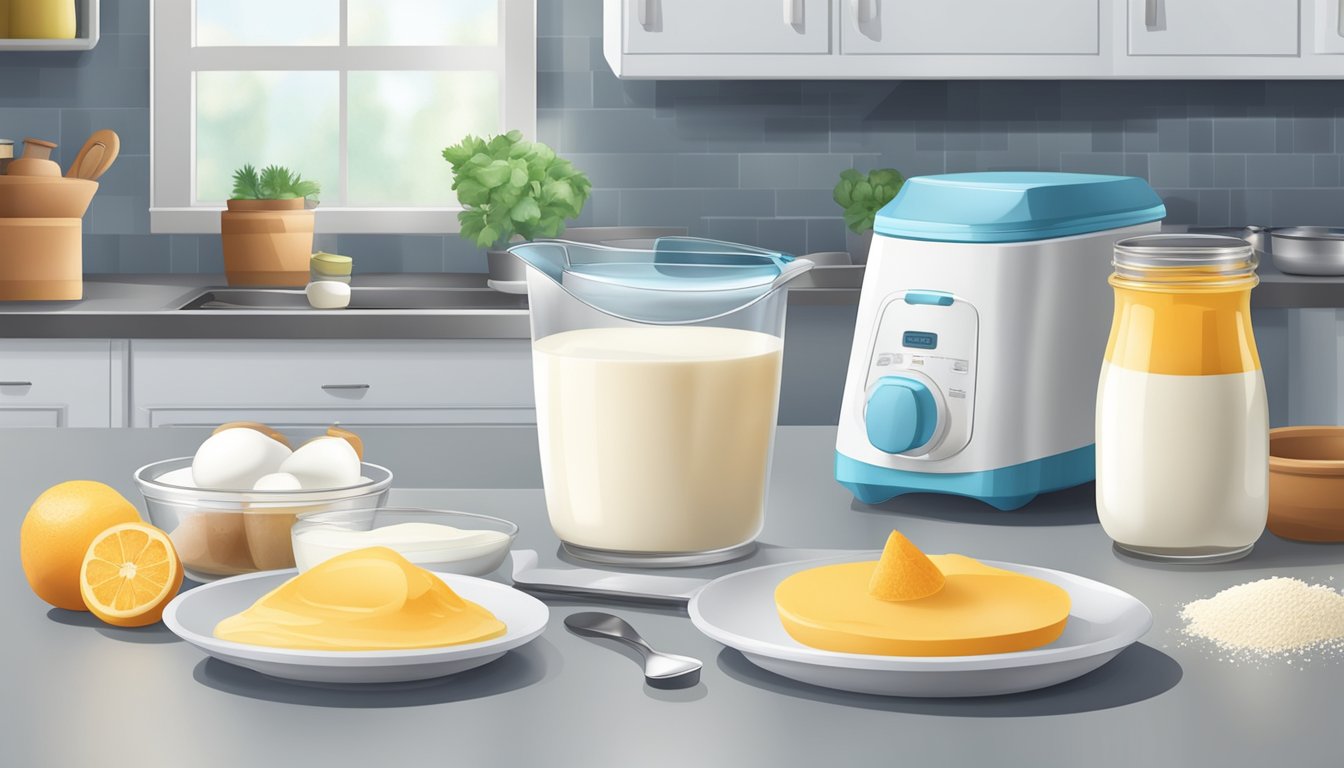 A clean, organized kitchen counter with various containers, utensils, and ingredients for making yogurt. A yogurt maker and recipe book sit nearby