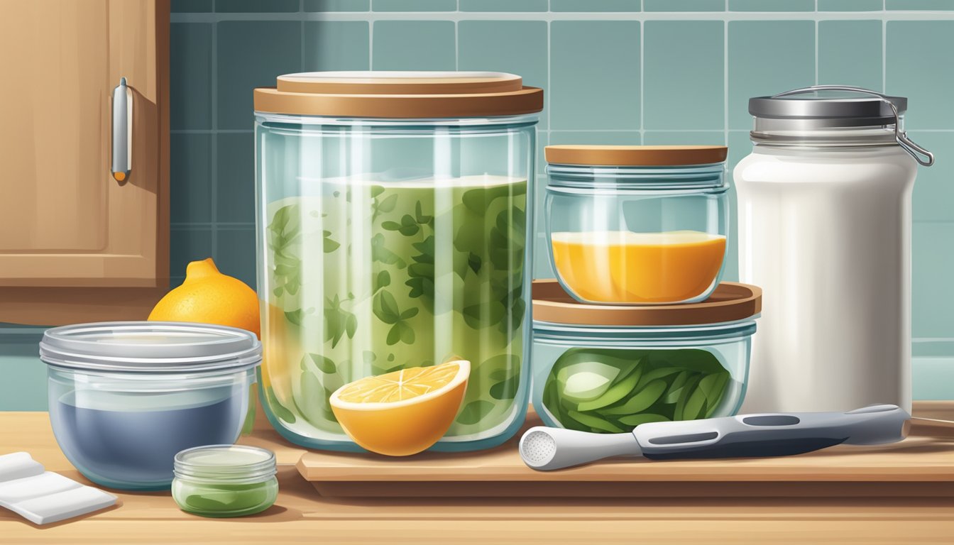 A clean, well-organized kitchen counter with various utensils, containers, and ingredients for making yogurt, including a thermometer, strainer, and jars for storage