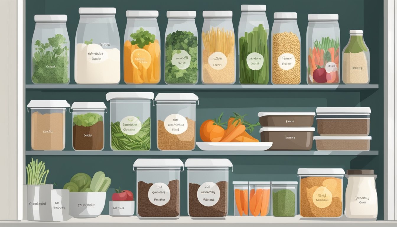 A well-organized kitchen with labeled containers of fresh produce, whole grains, and herbs. A pantry stocked with candida-friendly ingredients and a clutter-free countertop for meal prep