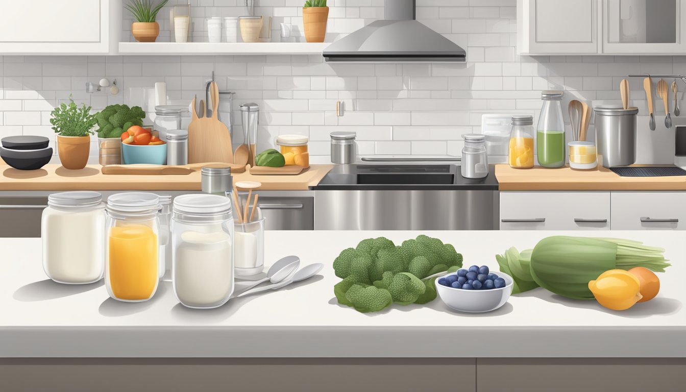 A clean, organized kitchen counter with labeled containers of yogurt ingredients and add-ins, along with utensils and equipment for making yogurt