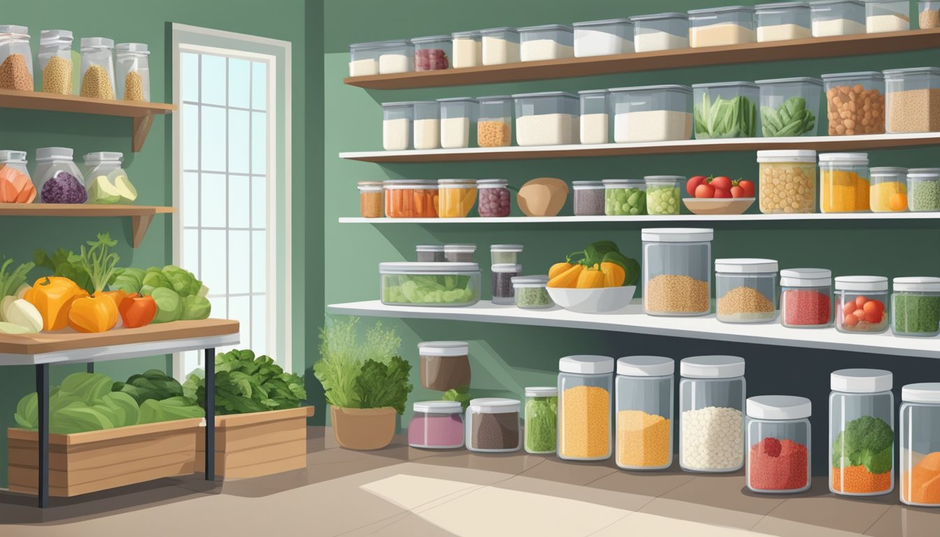 A well-organized kitchen with fresh produce, lean proteins, and sirtfood-friendly ingredients neatly arranged in labeled containers and shelves