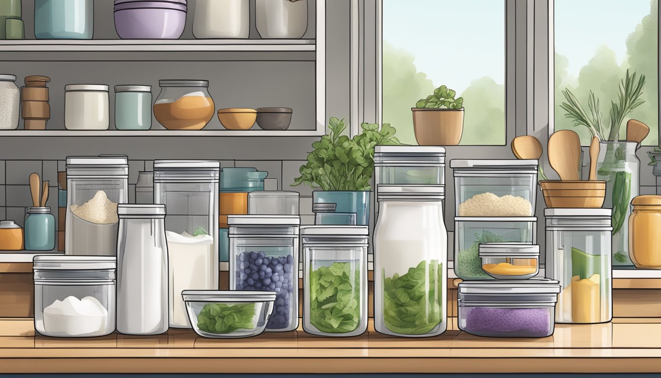 A tidy kitchen counter with jars of ingredients, a yogurt maker, and labeled containers for storage