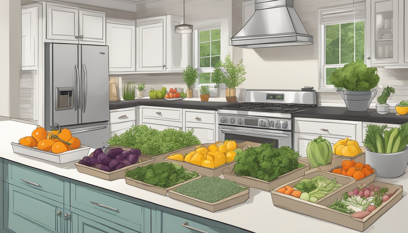 A well-organized kitchen with fresh produce, herbs, and lean proteins neatly arranged on clean countertops and in labeled storage containers. A recipe book open to a sirtfood diet page sits nearby