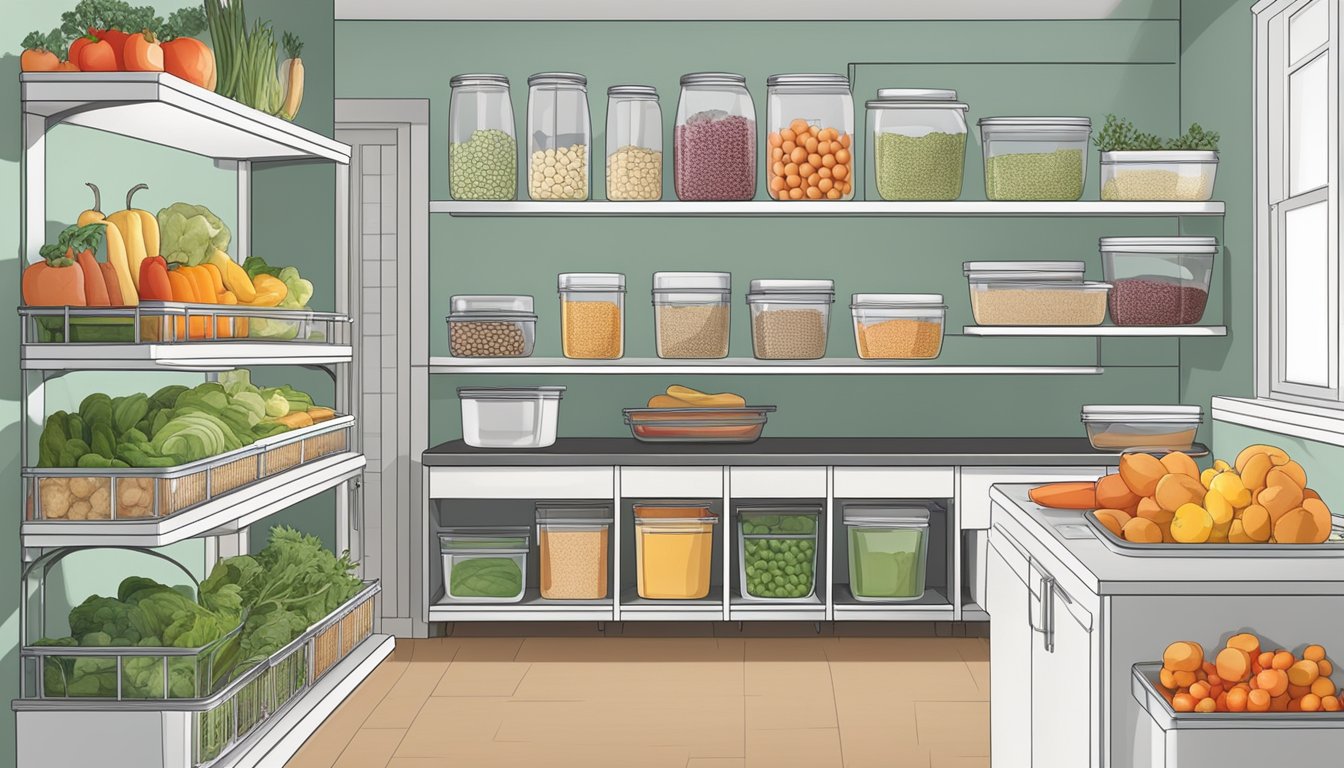 A well-organized kitchen with fresh produce, lean proteins, and sirtfood-friendly ingredients neatly stored in labeled containers and baskets