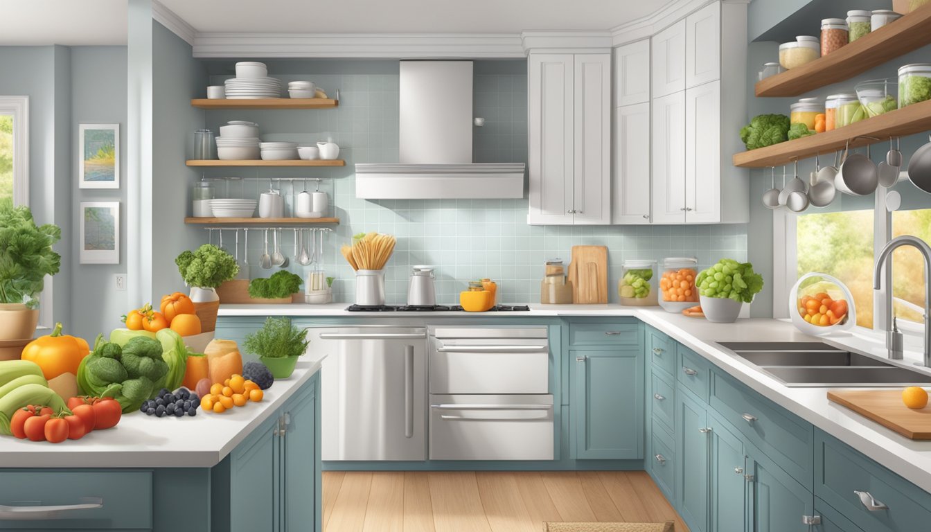 A well-organized kitchen with an array of fresh fruits, vegetables, lean proteins, and whole grains neatly arranged in a clean and inviting space