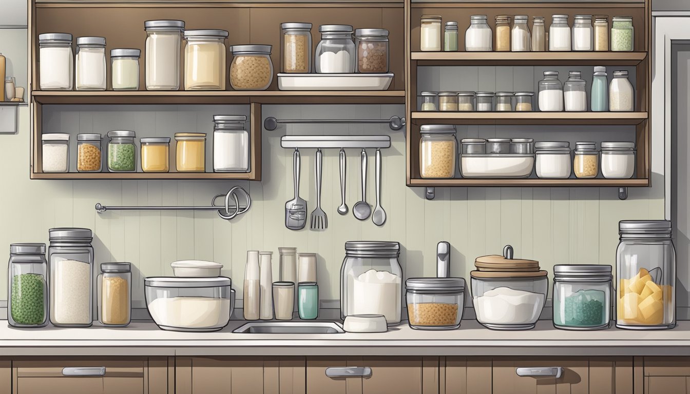 A clean, well-lit kitchen with organized shelves and countertops. A designated area for yogurt making, complete with jars, ingredients, and utensils neatly arranged