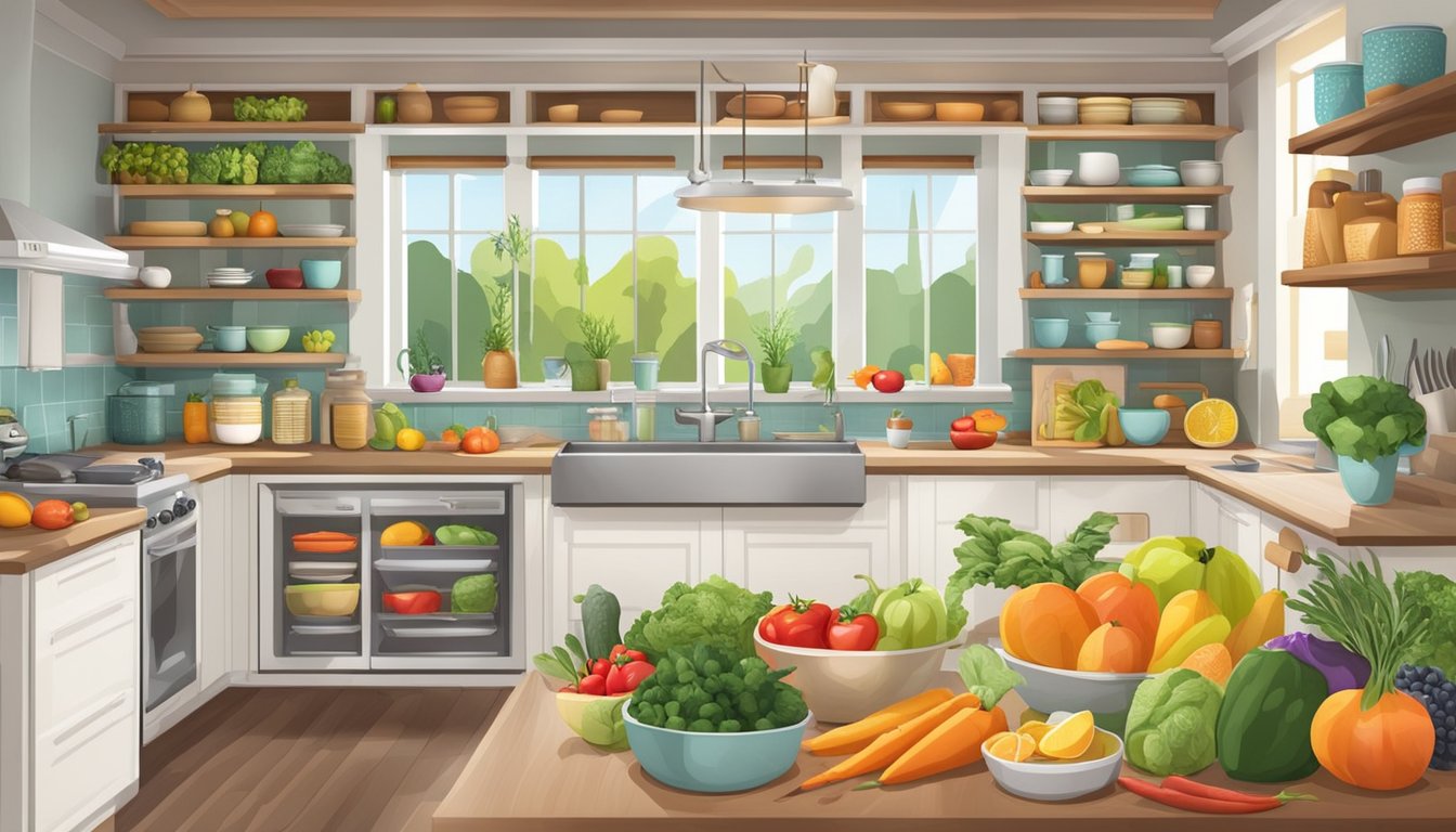 A well-organized kitchen with shelves of colorful fruits and vegetables, a variety of healthy cooking utensils, and a vibrant sirtfood diet cookbook on the counter