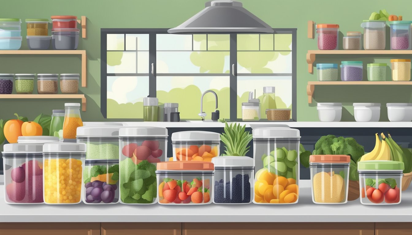 A well-organized kitchen with labeled containers of sirtfood-friendly ingredients, neatly arranged utensils, and a colorful array of fruits and vegetables