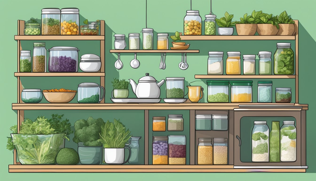 A kitchen with labeled shelves for alkaline foods and non-acidic drinks, a raised cutting board for meal prep, and a variety of herbal teas on display