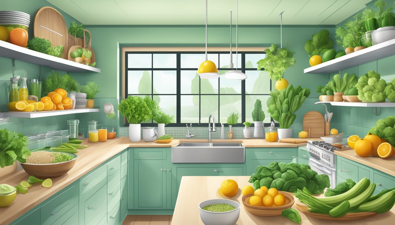 A kitchen with alkaline foods like bananas, oatmeal, and green vegetables. Avoiding acidic foods like citrus, tomatoes, and spicy dishes