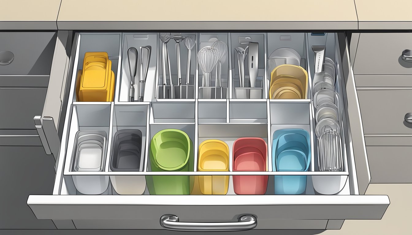 An organized kitchen drawer with neatly arranged immersion blenders and hand mixers stored in their respective compartments