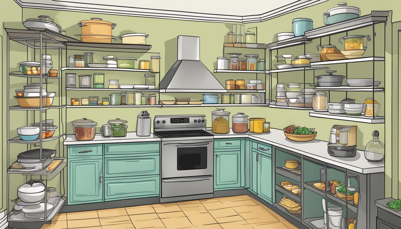 A well-organized kitchen with labeled shelves and drawers for easy access to acid reflux-friendly foods and cooking utensils