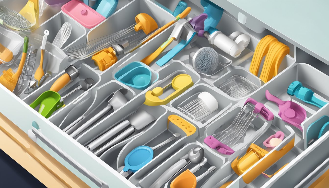 A tidy kitchen drawer with neatly organized immersion blenders and hand mixers, surrounded by cleaning supplies and maintenance tools