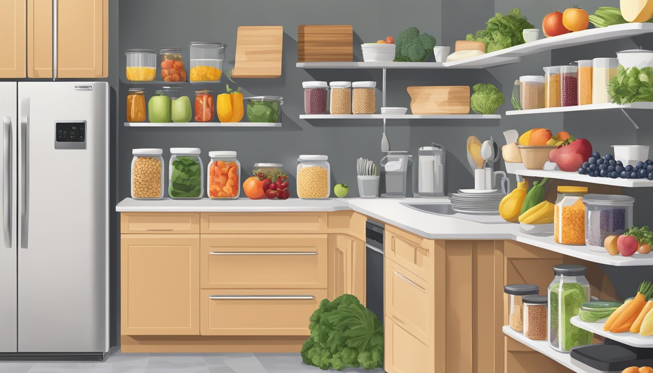 A kitchen with organized shelves of acid reflux-friendly foods, including fresh fruits, vegetables, lean proteins, and whole grains. A meal plan laid out on the counter with a variety of nutritious options