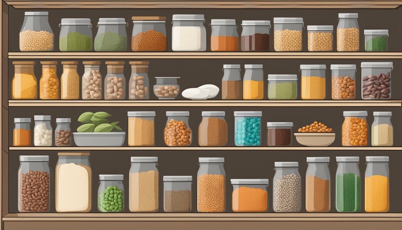 A well-organized pantry with labeled containers of various legumes and beans neatly arranged on shelves, with airtight storage solutions to ensure long-term food security