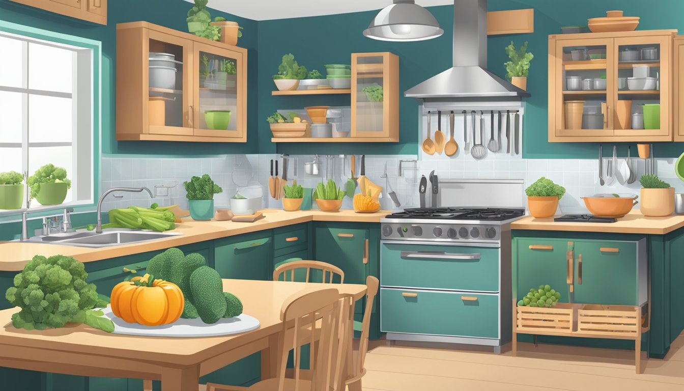 A kitchen with labeled shelves for alkaline foods, elevated cutting boards, and a variety of digestive-friendly cooking utensils