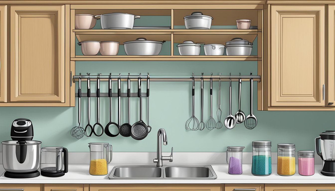 Immersion blenders and hand mixers neatly stored on hooks inside a kitchen cabinet