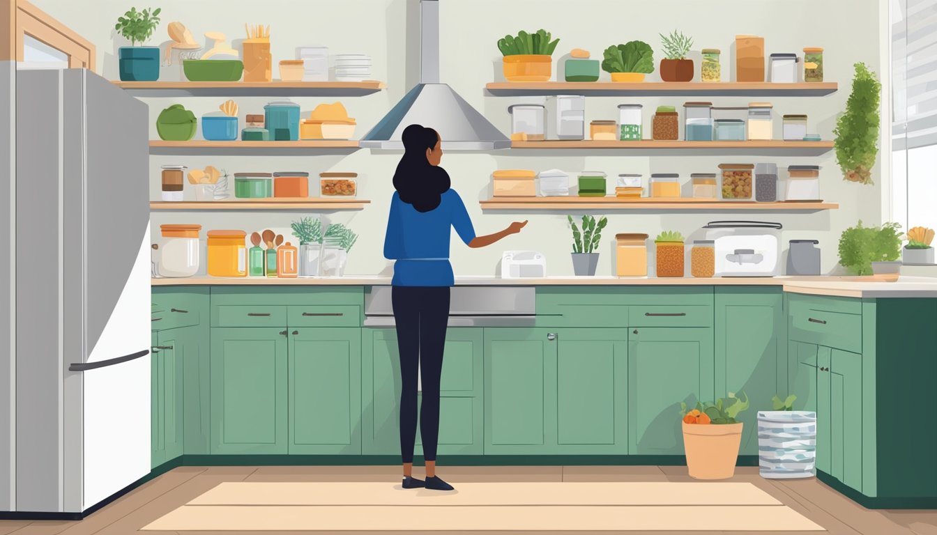 A kitchen with labeled shelves for acid reflux-friendly foods, a list of recommended items, and a person following the list to organize their pantry