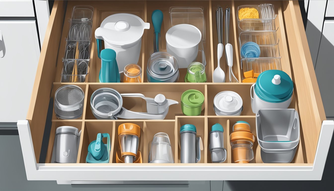 An organized kitchen drawer with designated compartments for immersion blenders and hand mixers, neatly stored with cords wrapped and attachments secured