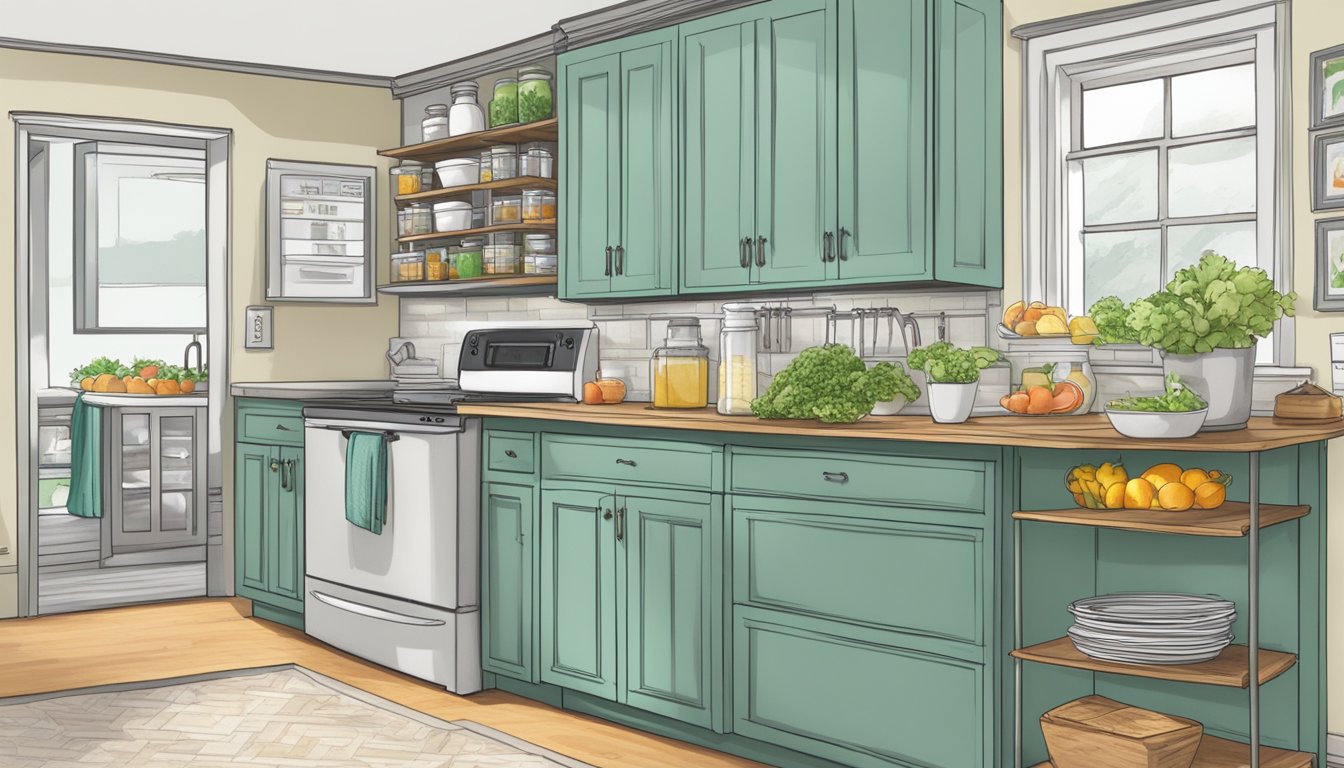 A kitchen with labeled shelves for alkaline foods, a meal plan on the counter, and a journal for tracking symptoms