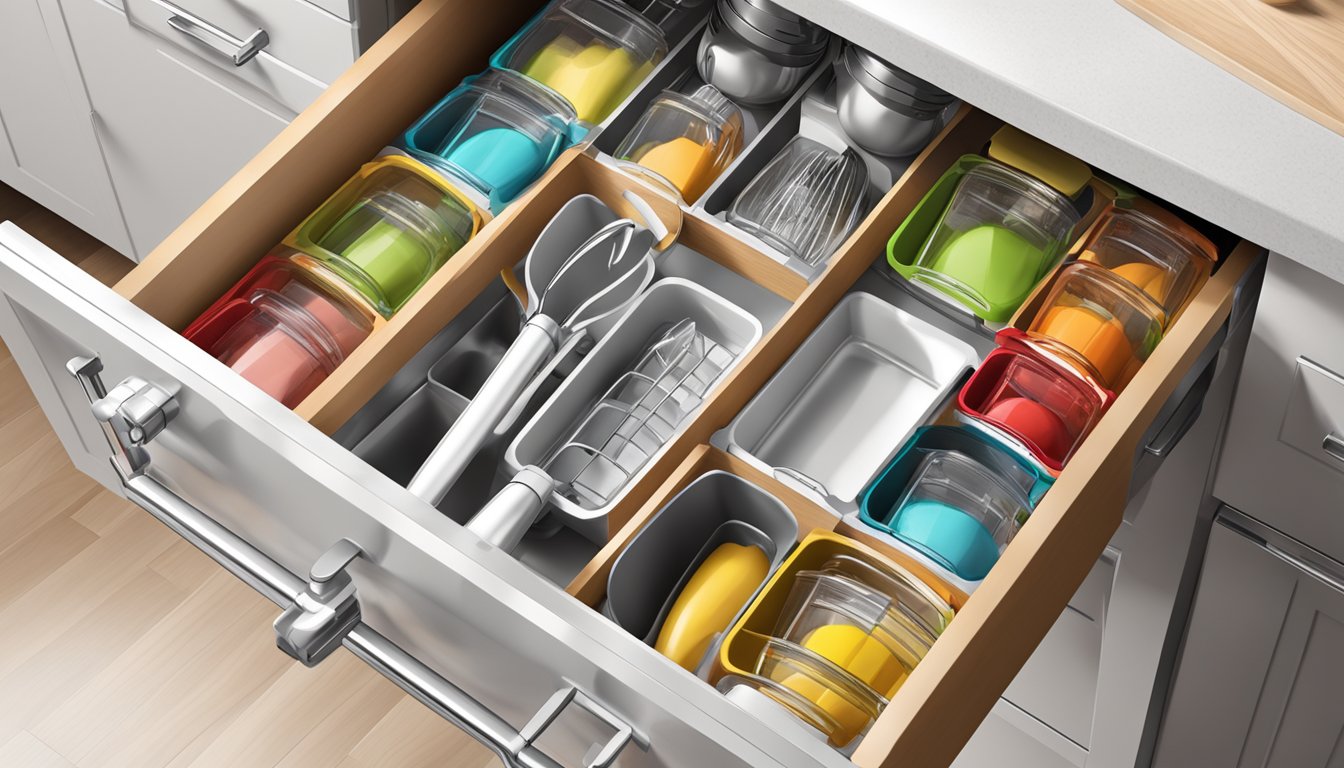 An organized kitchen drawer with compartments for immersion blenders and hand mixers