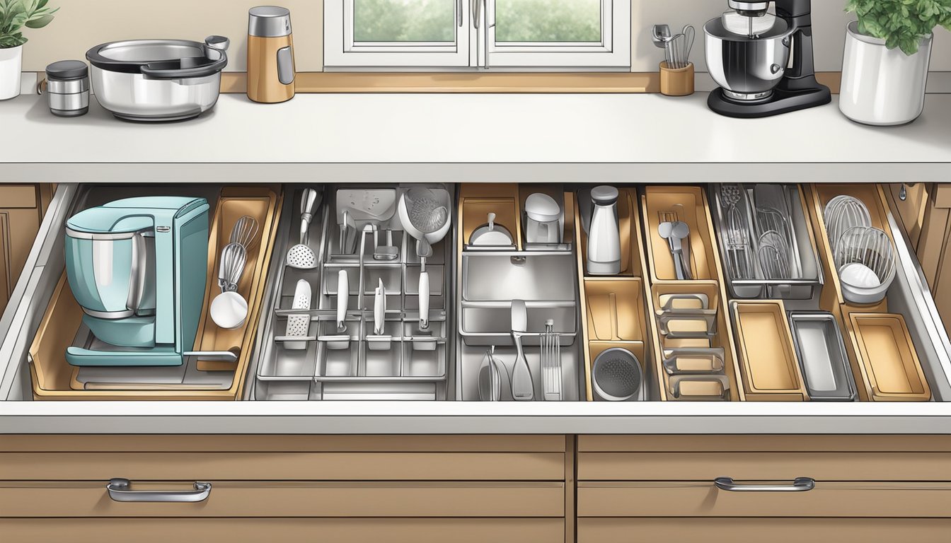 An organized kitchen drawer with neatly arranged immersion blenders and hand mixers, each placed in its designated spot with care and precision