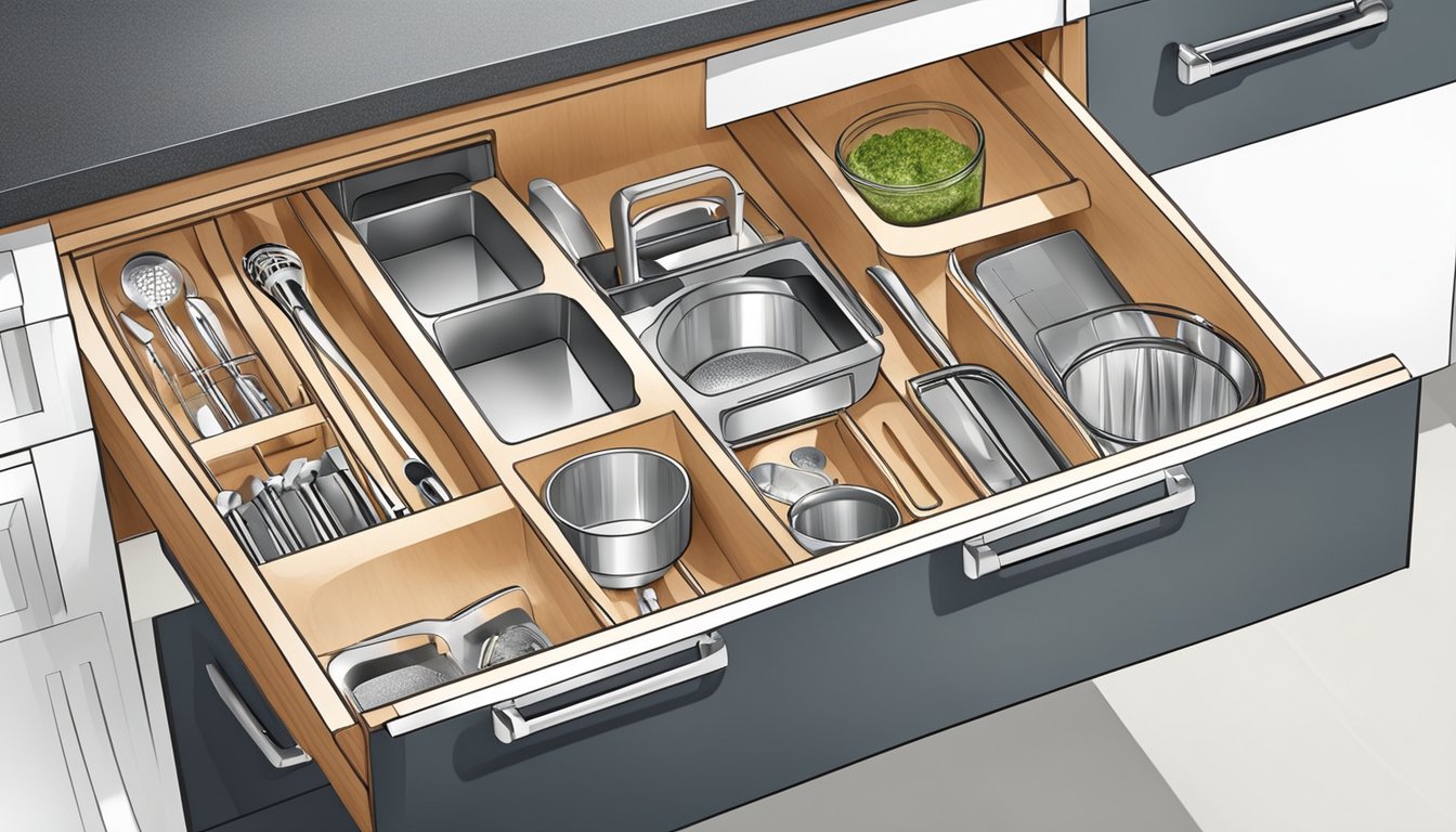 An organized kitchen drawer with compartments for different attachments and a designated spot for the immersion blender and hand mixer