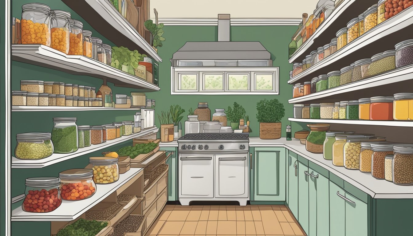 A kitchen with organized shelves of fruits, vegetables, and labeled jars of nuts, seeds, and homemade sauces. A cookbook open on the counter with a list of allowed foods