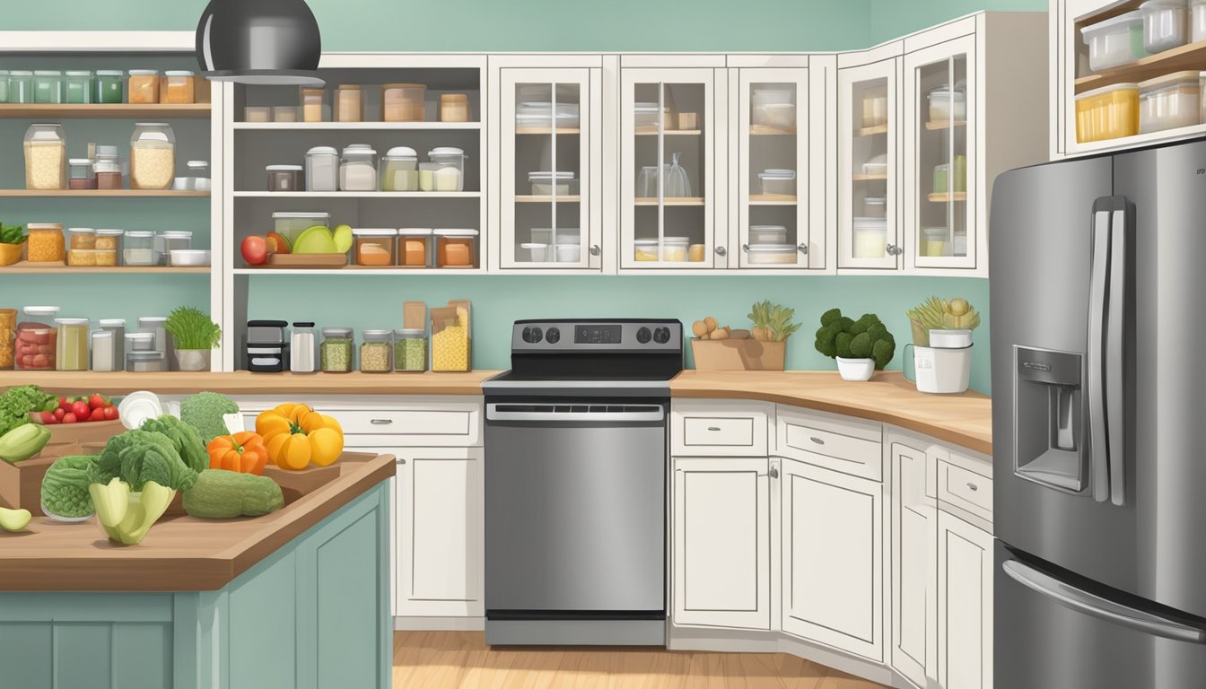 A well-organized kitchen with labeled pantry items, fresh produce, and specific carbohydrate diet-friendly ingredients neatly arranged in cabinets and on countertops