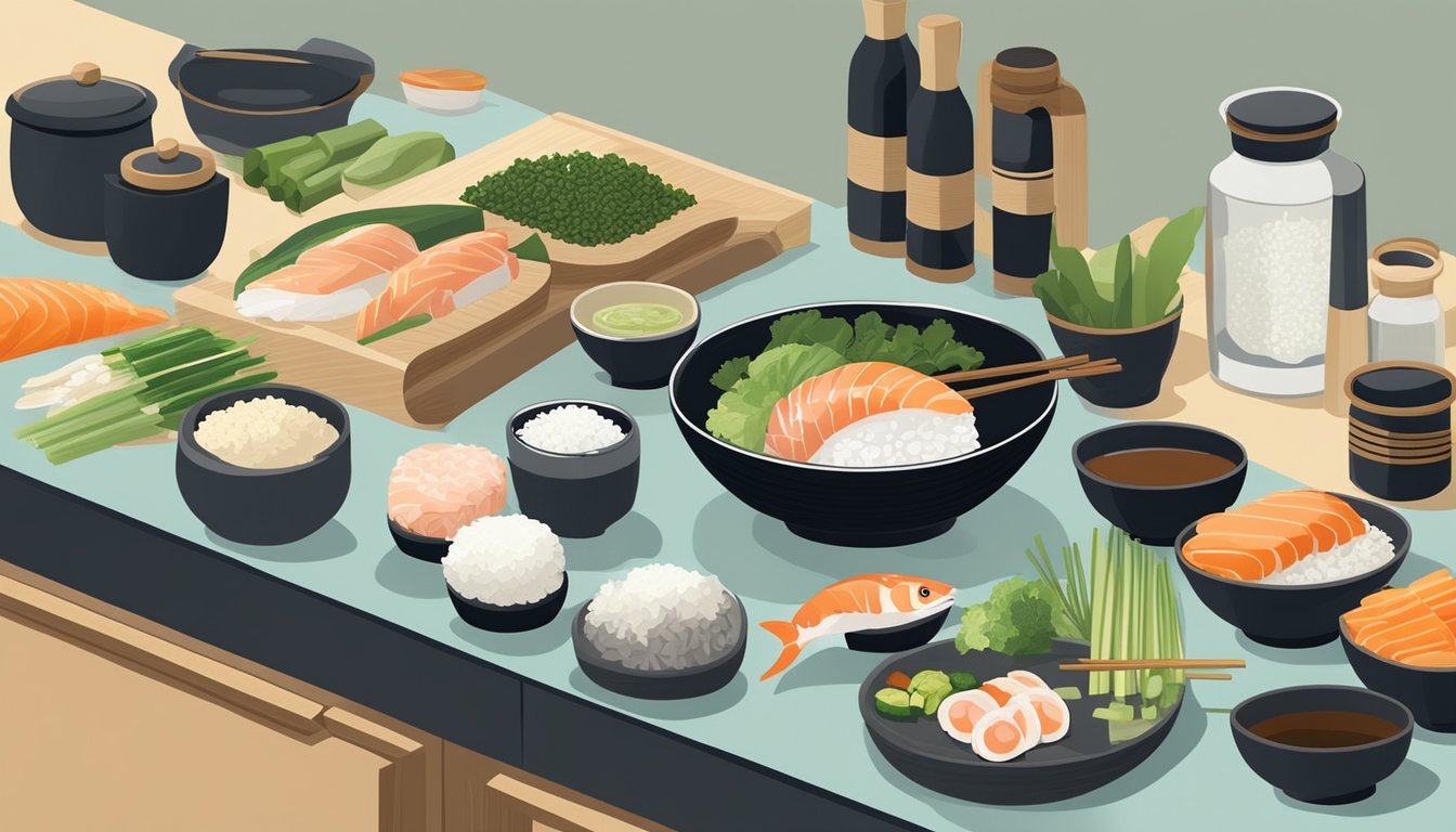 A neatly organized kitchen counter with a bamboo sushi roller, nori sheets, rice, rice vinegar, soy sauce, wasabi, pickled ginger, and various fresh fish and vegetables