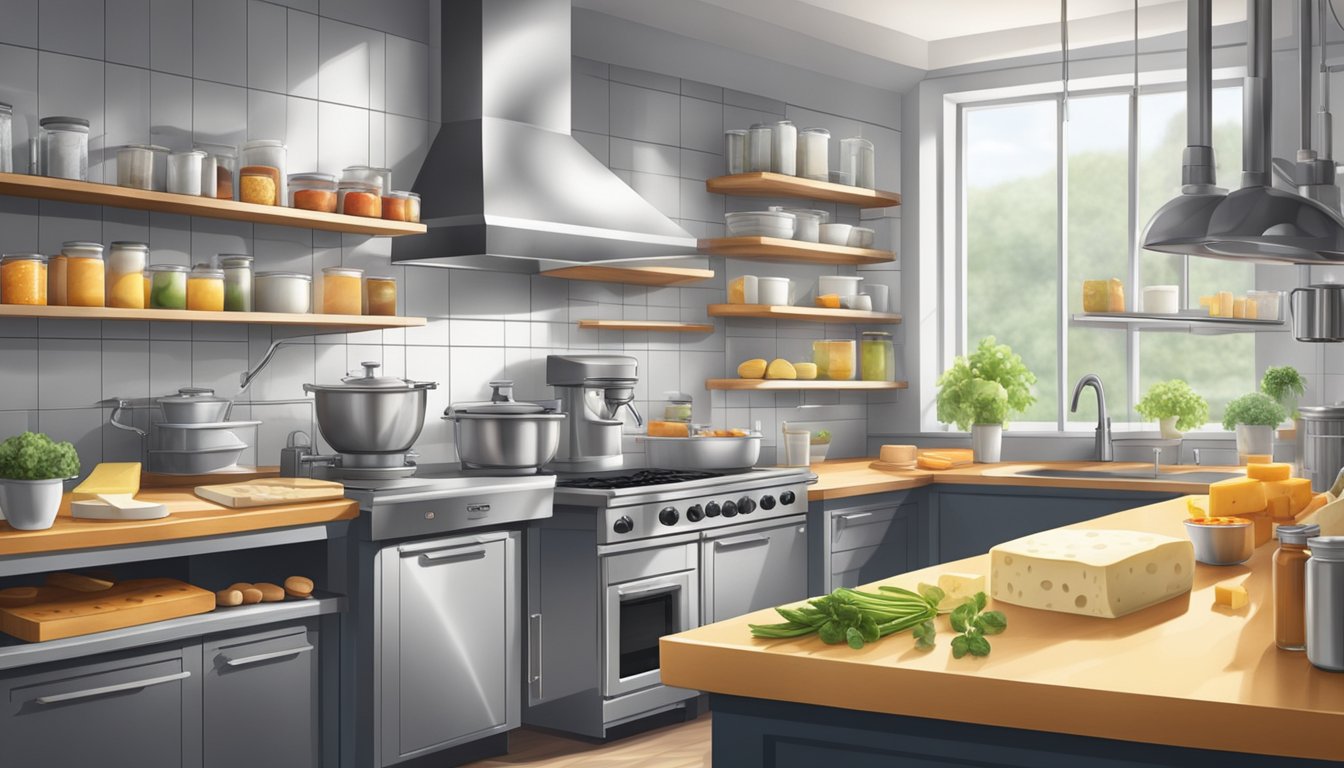 A clean, well-lit kitchen with stainless steel countertops and shelves stocked with various cheese-making equipment and ingredients neatly organized