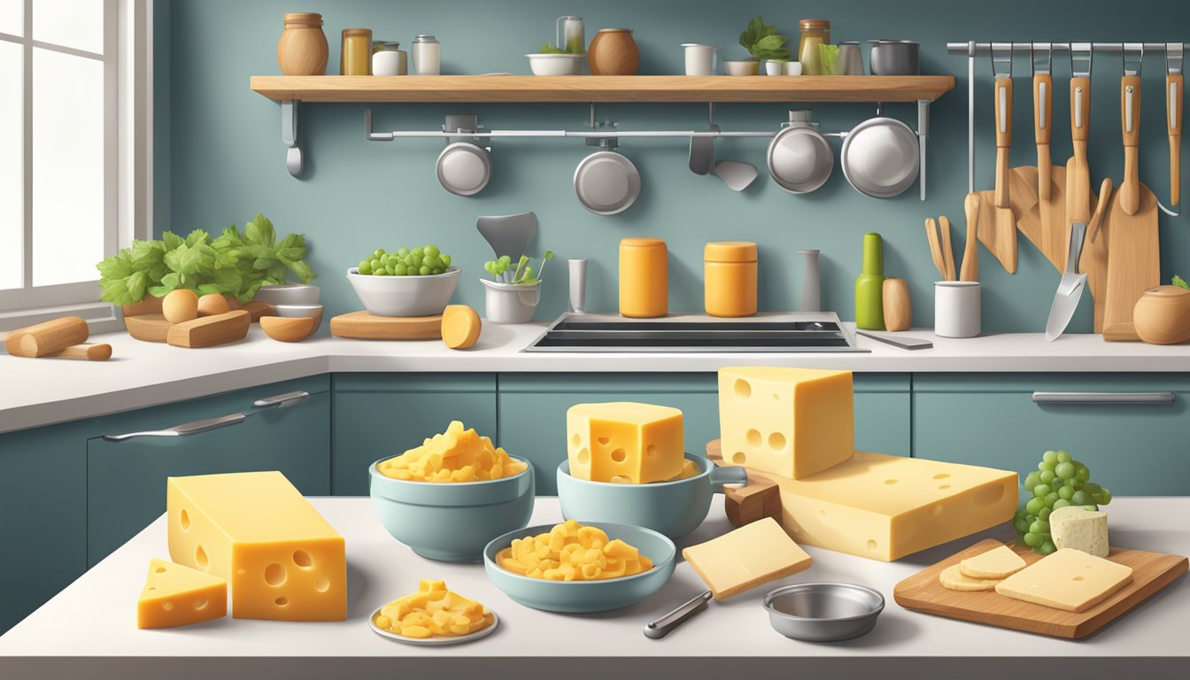 A clean, organized kitchen counter with various cheese-making tools neatly arranged and ready for use