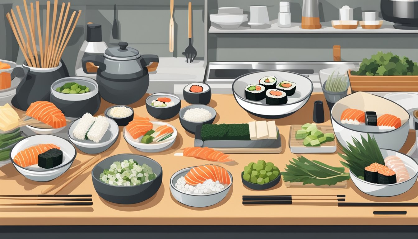 A clean, organized kitchen counter with a sushi roller, various fresh ingredients, and utensils laid out for crafting a sushi selection for a dinner party