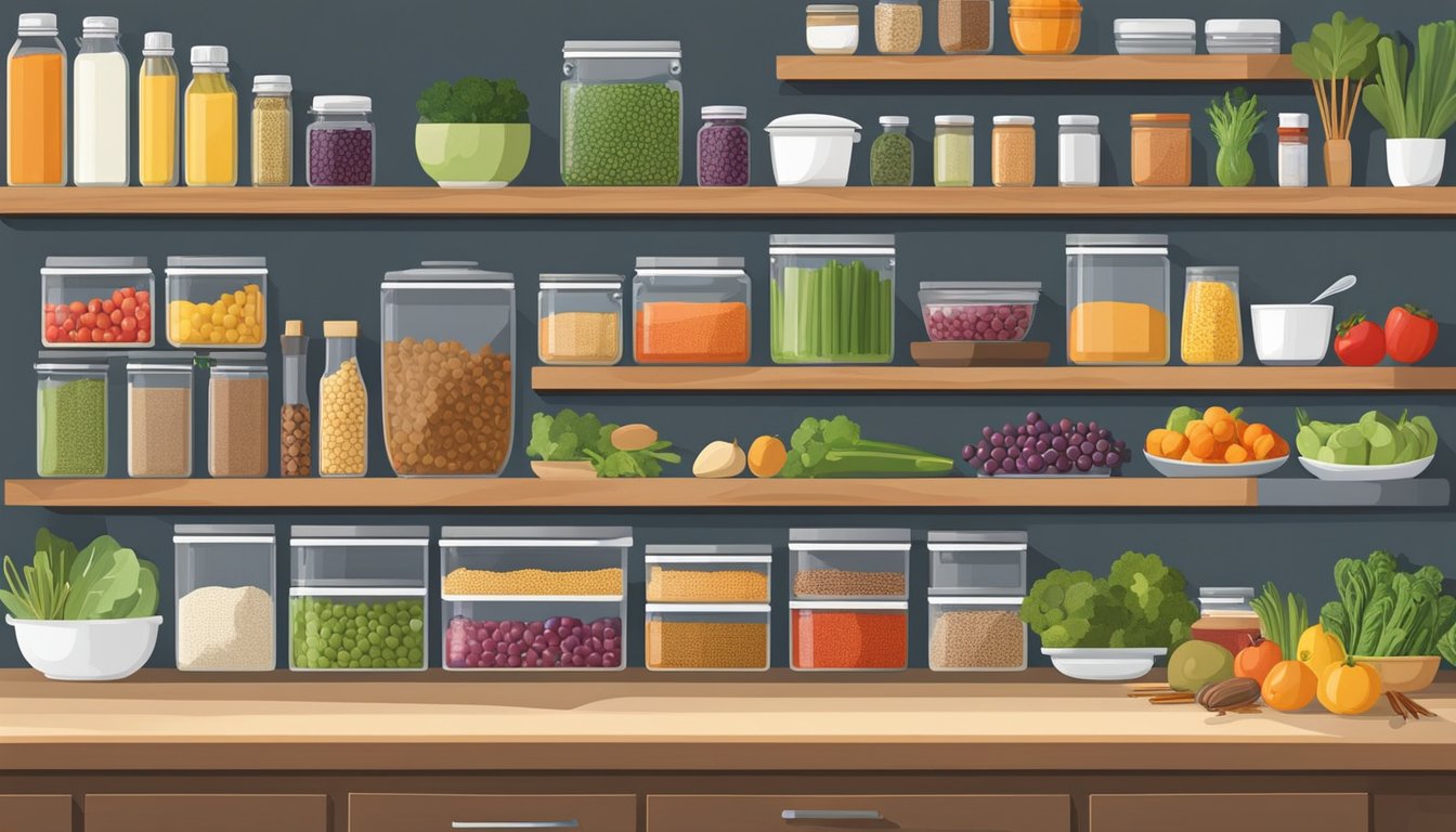 A well-organized kitchen with labeled containers of fresh produce, grains, and proteins. A colorful array of fruits and vegetables fills the countertop, while neatly arranged spices and cooking utensils line the shelves