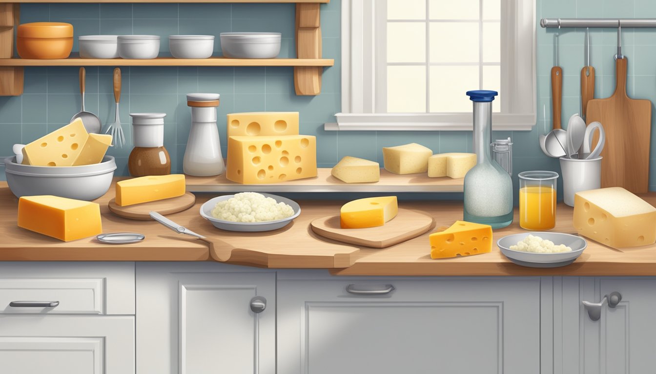 A clean, well-lit kitchen counter with neatly arranged cheese making supplies and equipment, including cheese molds, rennet, thermometers, and cheese cloth