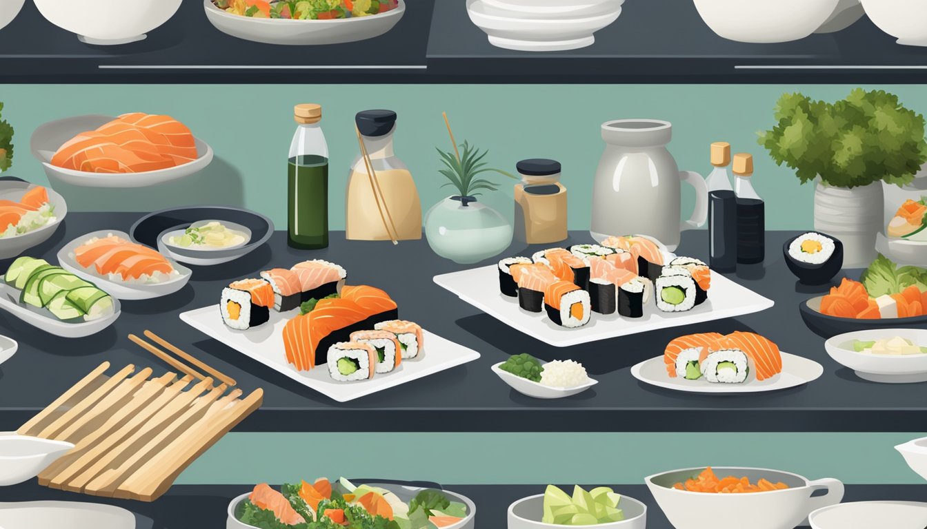 A neatly organized kitchen counter with a sushi roller, fresh ingredients, and elegant serving platters ready for a dinner party