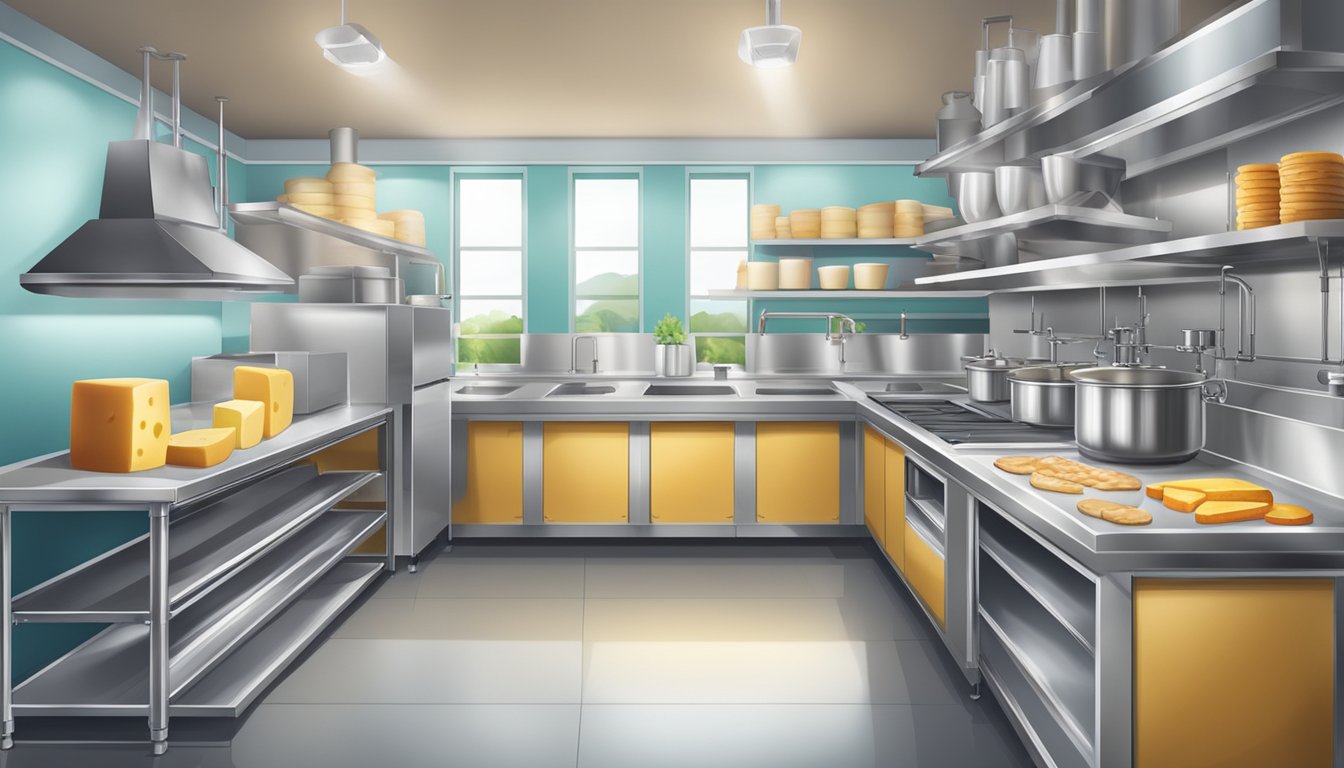 A spacious, well-lit kitchen with stainless steel countertops, shelves stocked with cheese-making equipment, and a designated area for baking and cheese-making processes