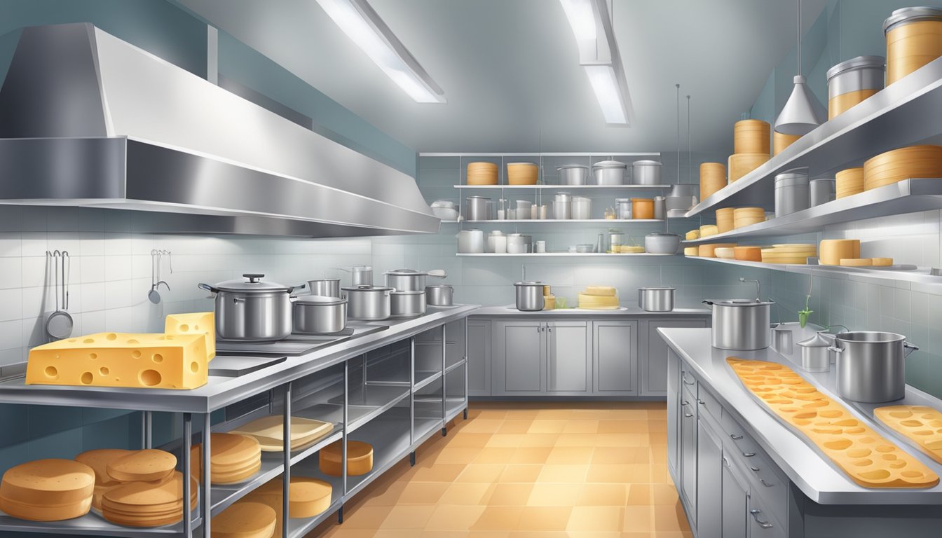 A spacious, well-lit kitchen with designated areas for cheese making equipment, storage shelves for ingredients, and easy-to-clean surfaces