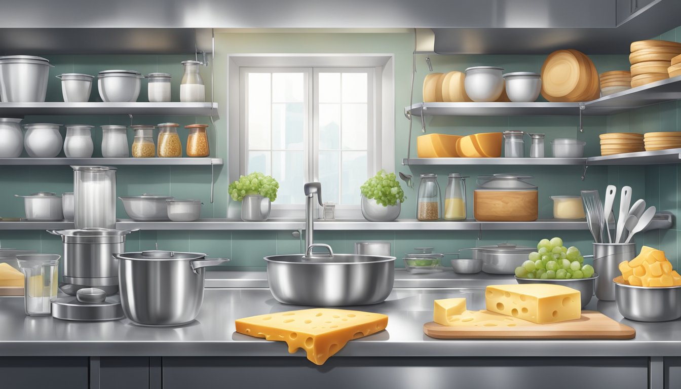 A clean, well-lit kitchen with stainless steel surfaces and organized shelves holding various cheese making equipment and ingredients