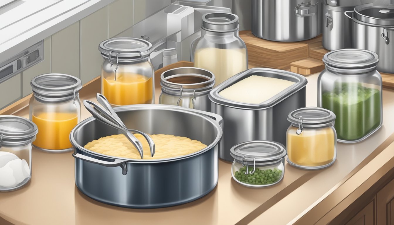 A clean, organized kitchen station with labeled containers of ingredients, a stainless steel cheese-making vat, and various utensils neatly arranged on the counter