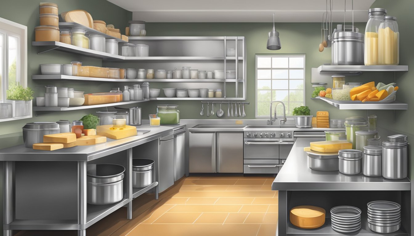 A clean, well-lit kitchen with stainless steel countertops, shelves neatly stocked with cheese-making supplies, and labeled containers for ingredients