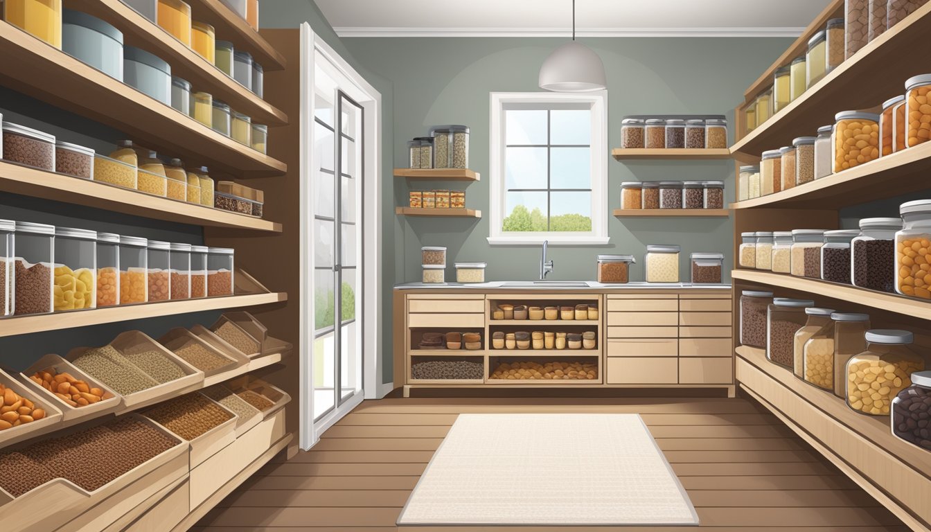 A well-organized pantry with labeled containers for dried fruits and nuts, utilizing space-saving shelves and storage solutions