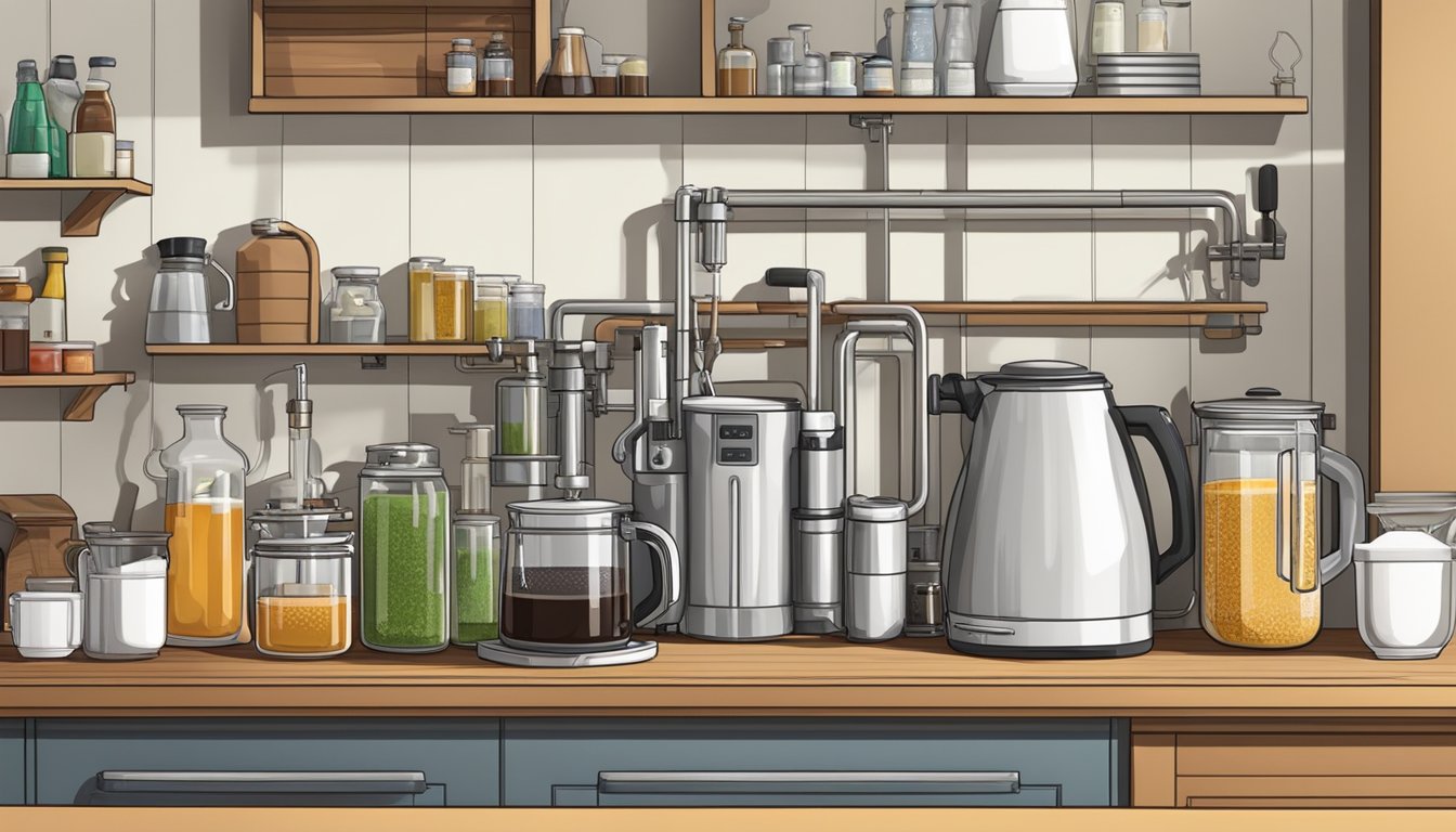 A kitchen counter with organized brewing equipment, including a kettle, fermenter, bottles, and ingredients neatly arranged for homebrewing