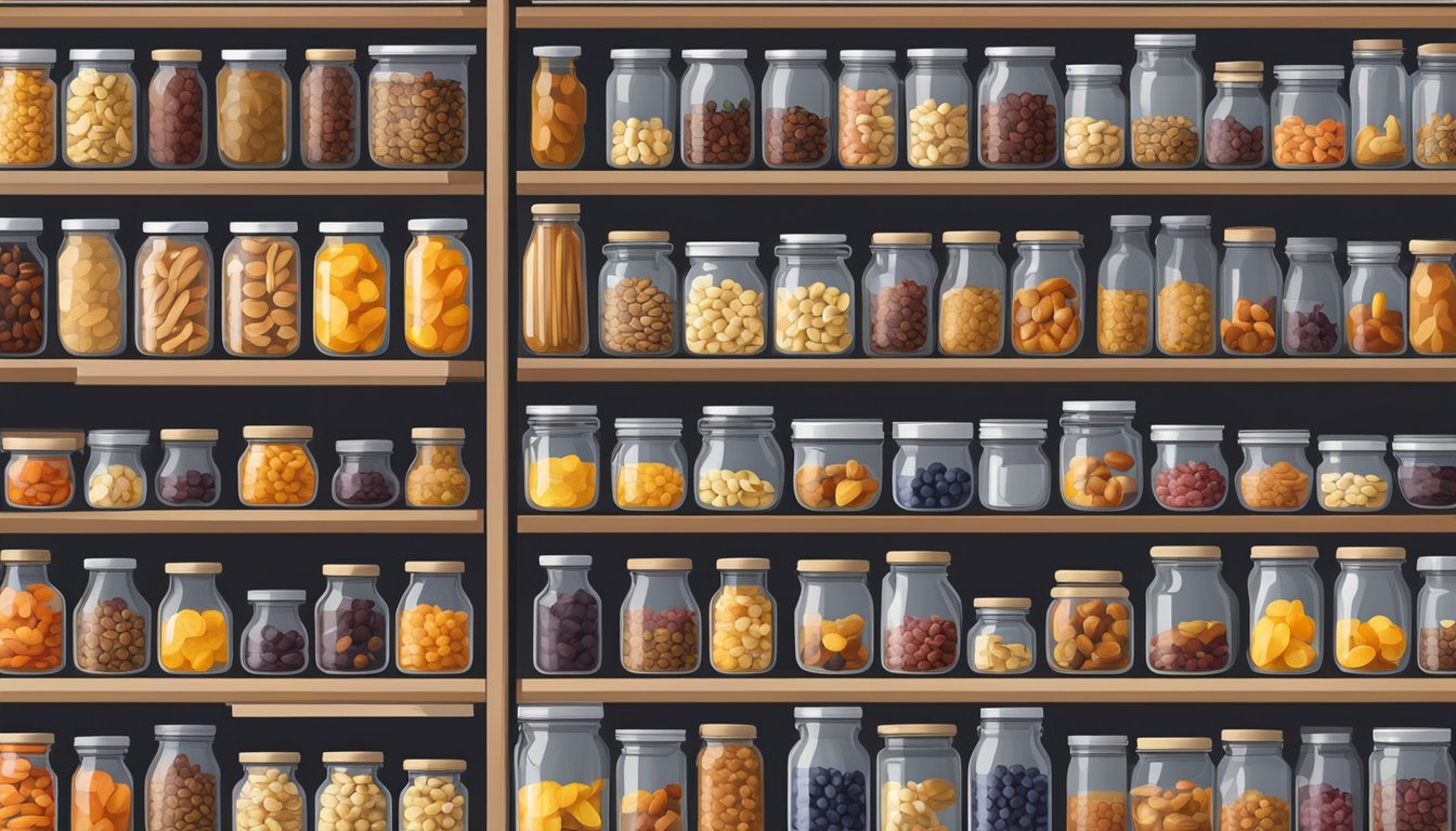 Assorted jars and containers neatly organized on shelves, filled with an assortment of dried fruits and nuts