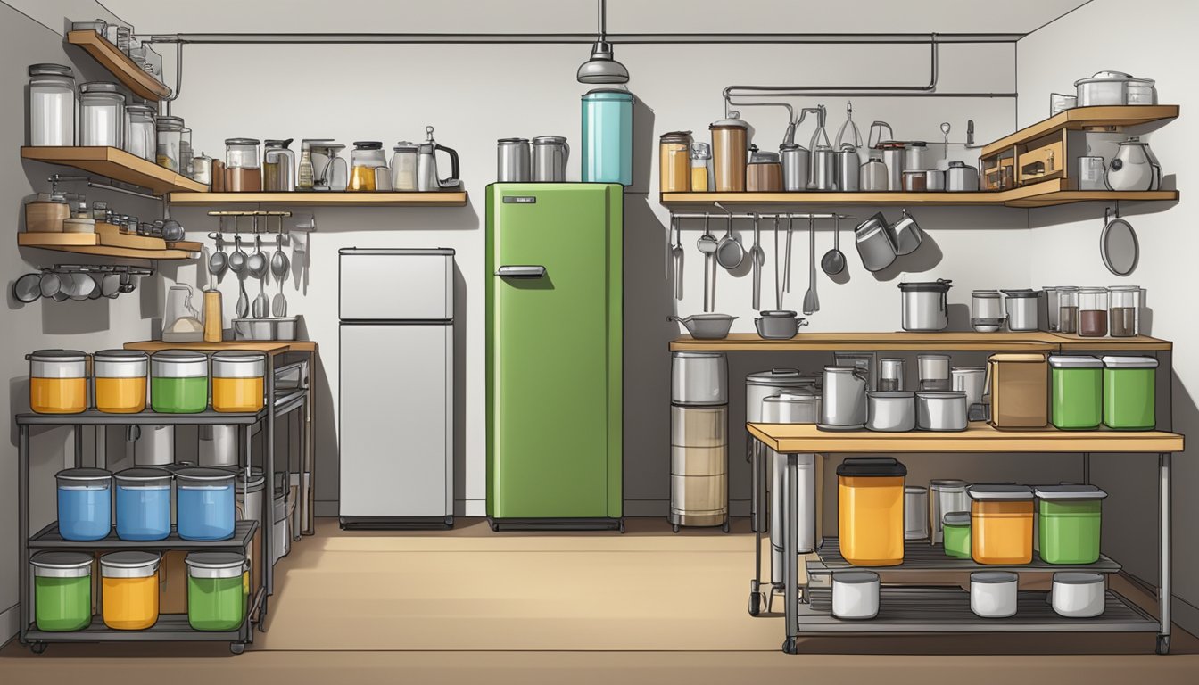 A tidy kitchen homebrewing station with labeled containers, efficient shelving, and neatly arranged brewing equipment